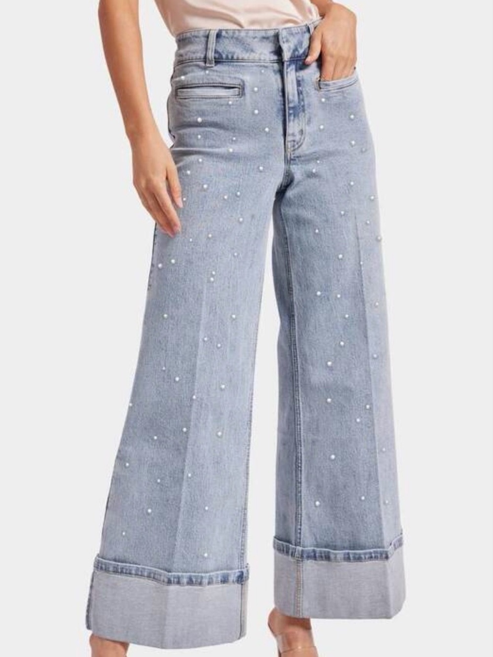 Generation Love Pearl-Embellished Light Blue Wide-Leg Jeans